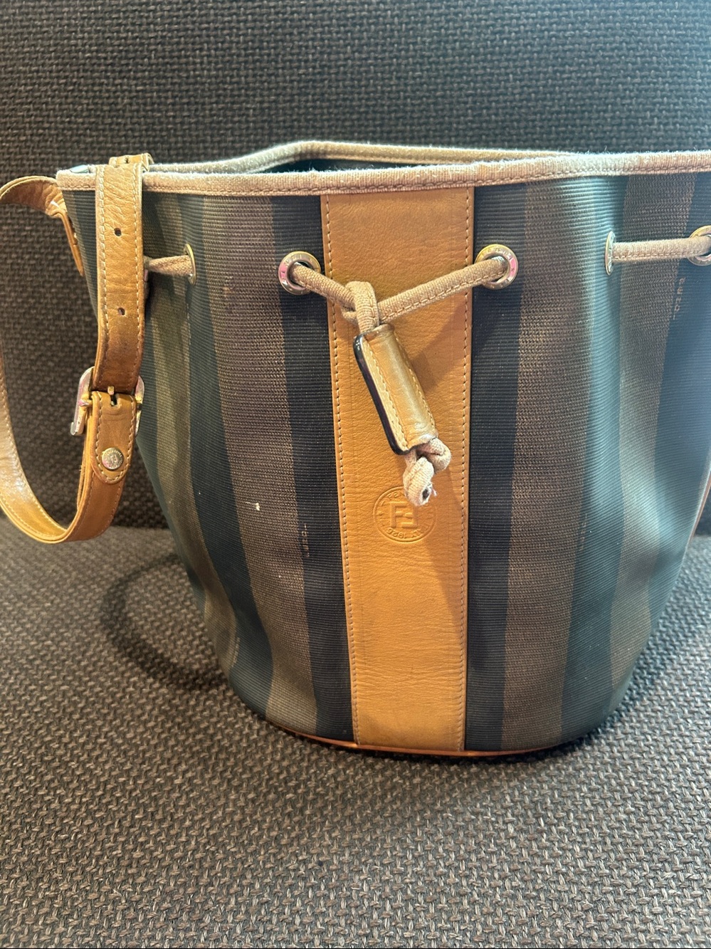 Fendi penguin Striped Canvas Tote with Tan Leather Trim